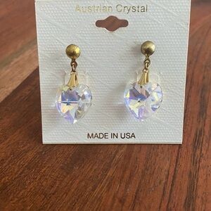 NWT Vintage Aura Borealis Austrian Crystal Heart Shaped Dangle Drop Earrings